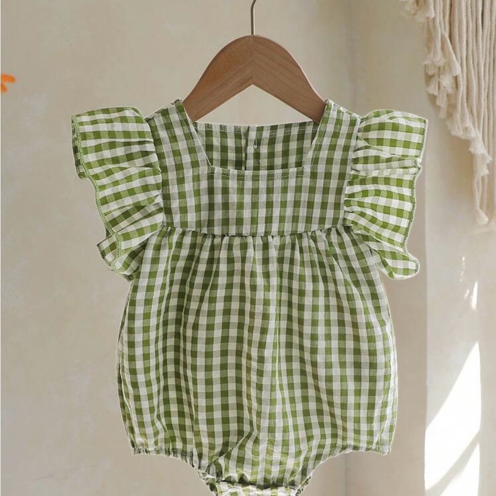 Green Gingham Baby Romper
